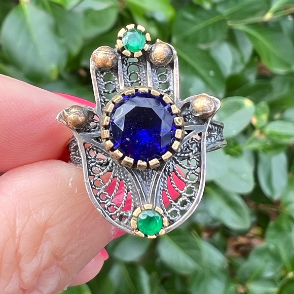 VINTAGE HAMSA VIVID BLUE GREEN PASTE GLASS STONES 925 STERLING SILVER UNIQUE